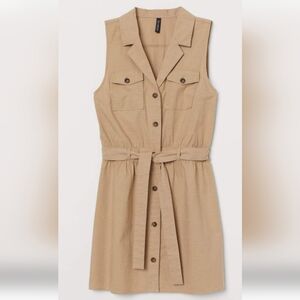 H&M Sz 0 Sleeveless Shirt Dress Button Up Khaki Tan Casual Belted Tie Waist Boho